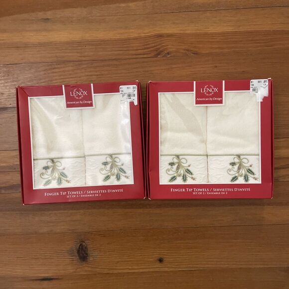 Lenox Set of 2 Ivory Ribbon & Holly Finger Tip Hand Towels NOS Christmas Holiday - Picture 4 of 5